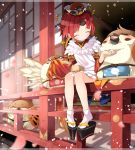  1girl apron architecture benienma_(fate/grand_order) bird box cherry_blossoms closed_eyes east_asian_architecture fate/grand_order fate_(series) feeding low_ponytail petals rice sakasa_(guranyto) sitting smile sparrow 