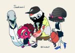  1girl 3boys backpack bag baseball_cap beanie beard beige_background eel facial_hair group_name hat highres inahara karla_(splatoon) multiple_boys octoling paul_(splatoon) red_skin ryuu-chang sandals sawaberu_taichi simple_background splatoon splatoon_(series) splatoon_2 twitter_username walking 