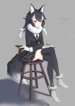  1girl absurdres animal_ear_fluff animal_ears black_legwear blue_eyes breasts full_body fur_collar gloves grey_background grey_wolf_(kemono_friends) heterochromia highres kemono_friends legs_crossed long_hair looking_at_viewer medium_breasts multicolored_hair necktie open_mouth pencil plaid_neckwear pleated_skirt simple_background sitting skirt solo tail thigh-highs two-tone_hair vchan white_gloves wolf_ears wolf_girl wolf_tail yellow_eyes zettai_ryouiki 