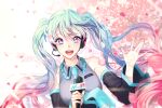  1girl :d bare_shoulders blue_eyes blue_hair blue_nails blue_neckwear branch close-up commentary_request detached_sleeves eyelashes fingernails floating_hair gradient gradient_background grey_shirt hand_up happy hatsune_miku headset heart heart-shaped_pupils holding iso1206 long_hair microphone multicolored_hair nail_polish necktie open_mouth petals pink_background pink_hair pink_petals shaded_face shirt simple_background sleeveless sleeveless_shirt smile solo symbol-shaped_pupils tree twintails two-tone_hair upper_body upper_teeth very_long_hair vocaloid waving white_background wind wind_lift 