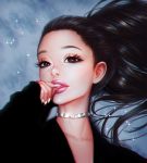  1girl ariana_grande black_hair brown_eyes choker chromatic_aberration commentary eyelashes fingernails highres lips long_fingernails long_hair long_sleeves nail_polish parted_lips pink_lips portrait real_life rena_illusion silver_choker solo sparkle teeth white_nails 