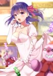 1girl :o bangs blurry blurry_background blurry_foreground blush breasts candy cleavage collarbone commentary_request depth_of_field doll dress elbow_gloves eyebrows_visible_through_hair fate/stay_night fate_(series) food frilled_dress frills gloves hair_ribbon highres hizuki_higure holding holding_food jewelry long_hair looking_at_viewer matou_sakura medium_breasts necklace open_mouth pink_ribbon polka_dot puffy_short_sleeves puffy_sleeves purple_hair ribbon sharp_teeth short_sleeves skirt_hold solo teeth violet_eyes white_dress white_gloves 