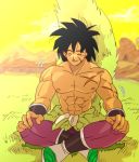  +++ 1boy ^_^ arms_at_sides bah_(dragon_ball) black_hair boots broly_(dragon_ball_super) chest closed_eyes closed_eyes day dragon_ball dragon_ball_super_broly fingernails full_body hands_on_own_knees happy height_difference legs_crossed male_focus mountain muscle outdoors purple_legwear scar shirtless short_hair sitting sky smile tako_jirou wristband yellow_sky 