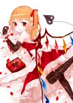  1girl :p alternate_costume armpit_peek bangs bare_shoulders black_legwear blonde_hair bow box chocolate chocolate_heart crystal dress elbow_gloves eyebrows_visible_through_hair feet_out_of_frame flandre_scarlet flower frilled_skirt frills gloves gradient gradient_background hair_ribbon heart holding_chocolate lace lace_gloves lace_legwear laevatein_(tail) leg_lift looking_at_viewer looking_back lying no_hat no_headwear on_stomach over-kneehighs petals petticoat pink_background pink_flower pink_rose pointy_ears red_dress red_eyes red_flower red_ribbon red_rose ribbon rose sakipsakip side_ponytail skirt solo strapless strapless_dress tail thigh-highs thigh_gap tongue tongue_out touhou twitter_username valentine white_background white_bow wings wrist_cuffs 