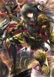 1girl armor belt_pouch black_gloves black_hair black_legwear boots breasts dragon elbow_gloves forte_(shingeki_no_bahamut) gloves highres holding holding_weapon horns long_hair looking_at_viewer morozumi_(ratexizuki) pouch red_eyes red_neckwear shadowverse shingeki_no_bahamut solo thigh-highs very_long_hair weapon 
