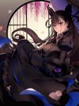  1girl black_dress black_hair breasts cleavage double_bun dress fate/grand_order fate_(series) hair_between_eyes hair_ornament highres koruta_(nekoimo) large_breasts long_hair looking_at_viewer murasaki_shikibu_(fate) parted_lips sleeves_past_wrists solo umbrella very_long_hair violet_eyes 