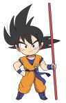  1boy bidarian black_eyes black_hair boots chibi clenched_hand clothes_writing dougi dragon_ball dragon_ball_super dragon_ball_super_broly dragonball_z frown full_body grin hand_on_hip holding looking_at_viewer male_focus nyoibo shaded_face short_hair simple_background smile son_gokuu spiky_hair standing white_background wristband 