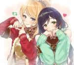  2girls ayase_eli bangs black_hair blue_eyes commentary_request green_eyes green_scrunchie green_sleeves grin hair_ornament hair_scrunchie heart highres idol long_hair looking_at_viewer love_live! love_live!_school_idol_project low_twintails microphone multiple_girls ponytail red_sweater ribbon scrunchie smile striped striped_ribbon suspenders sweater swept_bangs toujou_nozomi twintails zawawa_(satoukibi1108) 