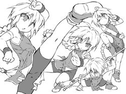  1girl ahoge arm_up ass bike_shorts boots braid china_dress chinese_clothes commentary_request dress fighting_stance girl_with_a_blonde_braid_(tomoshibi_hidekazu) high_kick kicking knee_up long_hair monochrome one_eye_closed open_mouth original outstretched_leg pole ponytail shorts shorts_under_dress sketch sleeveless sleeveless_dress solo spread_legs squatting standing standing_on_one_leg tomoshibi_hidekazu very_long_hair weapon wristband 