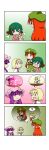  &gt;_&lt; /\/\/\ 4koma 5girls =_= ? ^_^ absurdres alice_margatroid animal_ears arm_behind_head blonde_hair capelet chibi chinese_clothes clenched_teeth closed_eyes comic crescent crescent_hair_ornament eyebrows_visible_through_hair fairy_wings flandre_scarlet flat_cap flower_wreath flying_sweatdrops green_hair green_skirt green_vest grimace hair_ornament hat highres holding_person hong_meiling hug kasodani_kyouko lily_white long_hair magic mob_cap multiple_girls o_o open_mouth patchouli_knowledge pink_robe puffy_short_sleeves puffy_sleeves purple_hair rakugaki-biyori rapeseed_blossoms red_skirt red_vest redhead robe sewing short_hair short_sleeves sidelocks silent_comic skirt smile solid_oval_eyes speech_bubble spoken_question_mark star sweatdrop tears teeth touhou very_long_hair vest wings 