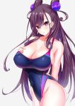  bangs bare_shoulders black_hair blue_swimsuit blush breasts cleavage collarbone covered_navel eyebrows_visible_through_hair hair_ornament hand_on_own_chest highleg highleg_swimsuit highres hips large_breasts long_hair looking_at_another murasaki_shikibu_(fate) parted_lips sankakusui simple_background solo swimsuit violet_eyes 