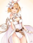  1girl :d animal_ears bangs belt blonde_hair blush breasts brown_eyes cape cleavage cowboy_shot djeeta_(granblue_fantasy) fake_animal_ears flower gradient gradient_background granblue_fantasy groin hair_between_eyes hair_flower hair_intakes hair_ornament hairband hand_up highres leotard looking_at_viewer medium_breasts open_mouth rabbit_ears sage_(granblue_fantasy) short_hair signature smile solo standing suzume_(simple0091) thigh_gap thighs white_background white_cape white_flower white_leotard wrist_cuffs 