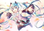  1girl :d black_skirt blue_eyes blue_hair blue_neckwear blurry blurry_background depth_of_field detached_sleeves eyebrows_visible_through_hair floating flower full_body gradient gradient_background grey_shirt happy hatsune_miku knees_together_feet_apart long_hair looking_at_viewer necktie open_mouth outstretched_arms petals pink_background pink_flower shirt simple_background skirt sleeveless sleeveless_shirt smile solo thigh-highs very_long_hair vocaloid yoishi_(fuchi39) 