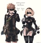  1boy 1girl bangs black_blindfold black_choker black_dress black_gloves black_hairband black_jacket black_legwear black_shorts blindfold blonde_hair breasts brown_hair character_name choker cleavage cleavage_cutout closed_mouth collarbone copyright_name cosplay djeeta_(granblue_fantasy) dress eyebrows_visible_through_hair facing_viewer gloves gran_(granblue_fantasy) granblue_fantasy groin hair_between_eyes hairband hand_up highres jacket juliet_sleeves leotard leotard_under_clothes long_sleeves medium_breasts milli_little mismatched_gloves nier_(series) nier_automata parted_lips puffy_sleeves short_shorts shorts standing thigh-highs twitter_username white_gloves white_leotard yorha_no._2_type_b yorha_no._2_type_b_(cosplay) yorha_no._9_type_s yorha_no._9_type_s_(cosplay) 