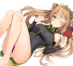  1girl ;) antenna_hair ass bangs black_dress black_panties black_sleeves blush bow breasts brown_hair closed_mouth commentary_request detached_sleeves double_bun dress eyebrows_visible_through_hair girls_frontline green_bow green_eyes hair_between_eyes hair_bow highres holding knees_up large_breasts long_hair long_sleeves looking_at_viewer one_eye_closed panties rfb_(girls_frontline) side_bun silver_(chenwen) simple_background sleeveless sleeveless_dress smile solo underwear very_long_hair white_background 