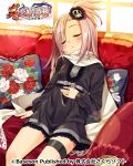  1girl black_dress bucchake_(asami) closed_eyes couch dress hand_on_own_stomach jokou koihime_musou leaning_back long_hair official_art open_mouth pillow pink_hair scarf short_dress side_ponytail sitting sleeping solo thigh_strap white_scarf window 