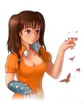  1girl artist_request bird breasts brown_hair cleavage diane_(nanatsu_no_taizai) giantess gloves medium_breasts medium_hair nanatsu_no_taizai puffy_sleeves short_sleeves smile solo twintails violet_eyes 