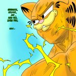  1boy animal_ears aura black_eyes bruise cat cat_ears collarbone dragon_ball dragonball_z english_text furry garfield garfield_(character) grin injury male_focus manly muscle no_humans orange_fur parody personification smile solo sweat thrudfiranflams vegeta what 