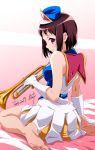  1girl arm_at_side bare_shoulders barefoot bed_sheet blue_hat blush breasts closed_mouth dated dress elbow_gloves from_behind gloves hat hibike!_euphonium highres holding holding_instrument instrument looking_at_viewer looking_back medium_breasts mini_hat mole mole_under_eye nail_polish nakaseko_kaori nii_manabu pink_nails purple_hair short_hair sideways_hat signature sitting sleeveless sleeveless_dress smile soles solo tareme toenail_polish trumpet violet_eyes wariza white_dress white_gloves 