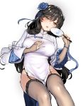  1girl alternate_costume bangs black_hair black_legwear blue_flower blush breasts eyebrows_visible_through_hair fan flower garter_straps girls_frontline gloves h_kasei hair_flower hair_ornament hairband holding holding_fan large_breasts long_hair looking_at_viewer lying on_back open_mouth panties paper_fan qbz-95_(girls_frontline) side-tie_panties sidelocks simple_background solo thigh-highs uchiwa underwear very_long_hair white_panties yellow_eyes 