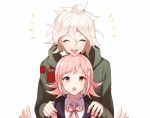  1boy 1girl :d :o black_jacket closed_eyes commentary_request dangan_ronpa eyebrows_visible_through_hair flipped_hair green_jacket hair_between_eyes hair_ornament hands_on_another&#039;s_shoulders happy hood hoodie jacket komaeda_nagito looking_at_viewer messy_hair nanami_chiaki open_mouth pink_eyes pink_hair pink_neckwear pink_ribbon ribbon shirt short_hair simple_background smile super_dangan_ronpa_2 upper_teeth white_background white_hair white_shirt yuhi_(hssh_6) 