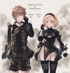  1boy 1girl bangs black_choker black_dress black_gloves black_hairband black_jacket black_legwear black_shorts blonde_hair breasts brown_eyes brown_hair character_name choker cleavage cleavage_cutout closed_mouth collarbone commentary_request copyright_name cosplay djeeta_(granblue_fantasy) dress eyebrows_visible_through_hair gloves gran_(granblue_fantasy) granblue_fantasy groin hair_between_eyes hairband hand_up highleg highleg_leotard highres jacket juliet_sleeves leotard leotard_under_clothes long_sleeves looking_at_viewer medium_breasts milli_little mismatched_gloves nier_(series) nier_automata parted_lips puffy_sleeves short_shorts shorts standing thigh-highs twitter_username white_gloves white_leotard yorha_no._2_type_b yorha_no._2_type_b_(cosplay) yorha_no._9_type_s yorha_no._9_type_s_(cosplay) 
