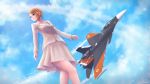  1girl ace_combat_7 aircraft airplane artist_request blonde_hair blue_eyes blue_sky braid canards clouds condensation_trail french_braid from_below highres kmrd-fanddi legs military princess rosa_cossette_d&#039;elise skirt sky solo solo_focus su-30 white_skirt 