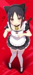  1girl alternate_costume animal_ears apron bell black_hair cat_ears cat_tail chromatic_aberration collar commentary enmaided eyebrows_visible_through_hair fake_animal_ears frilled_legwear hairband heart heart-shaped_pupils highres jingle_bell kaguya-sama_wa_kokurasetai_~tensai-tachi_no_renai_zunousen~ looking_at_viewer maid maid_apron mary_janes osa_(osaosa) paw_pose red_eyes shinomiya_kaguya shoes solo sweat symbol-shaped_pupils tail thigh-highs wavy_mouth 