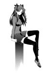  1girl absurdres bow fate/stay_night fate_(series) greyscale hair_bow highres looking_at_viewer monochrome shadow sitting skirt smile thigh-highs tohsaka_rin tsukamoto_minori two_side_up 