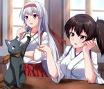  2girls blush breasts brown_eyes brown_hair cat hairband hakama_skirt headband japanese_clothes kaga_(kantai_collection) kantai_collection kimono large_breasts long_hair multiple_girls open_mouth shoukaku_(kantai_collection) side_ponytail silver_hair sitting table window zanntetu 