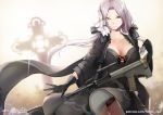  1girl assault_rifle aug_(girls_frontline) bangs black_dress black_gloves blurry blurry_background bokeh breasts bullpup cleavage closed_mouth collarbone covered_navel cross depth_of_field dress expressionless flower girls_frontline gloves gun hair_between_eyes hair_flower hair_ornament hair_ribbon hairclip hand_up hiroki_ree jacket large_breasts long_hair looking_at_viewer low_twintails mole mole_under_eye orange_eyes patreon_username ribbon rifle sidelocks signature solo steyr_aug twintails vertical_foregrip weapon wind wind_lift 