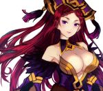  1girl braid breasts cleavage commentary_request detached_collar earrings fire_emblem fire_emblem_heroes hat jewelry jurge large_breasts loki_(fire_emblem_heroes) long_hair nintendo purple_hair simple_background solo upper_body violet_eyes white_background 