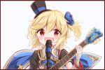  1girl :d asymmetrical_sleeves bangs black_border black_hat black_shirt blonde_hair blue_cape blue_flower blush border cape commentary_request electric_guitar eyebrows_visible_through_hair fingernails flower girls_frontline guitar hair_between_eyes hair_flower hair_ornament hand_up hat highres holding holding_instrument instrument long_hair long_sleeves looking_at_viewer matsuo_(matuonoie) microphone mini_hat mini_top_hat nagant_revolver_(girls_frontline) one_side_up open_mouth puffy_short_sleeves puffy_sleeves red_eyes shirt short_over_long_sleeves short_sleeves simple_background sleeves_past_wrists smile solo tilted_headwear top_hat upper_body white_background 