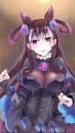  1girl bangs black_dress blurry blurry_background blush breasts commentary_request depth_of_field dress eyebrows_visible_through_hair fate/grand_order fate_(series) fingernails flying_sweatdrops hair_between_eyes hair_ornament head_tilt highres juliet_sleeves large_breasts long_sleeves looking_at_viewer murasaki_shikibu_(fate) parted_lips puffy_sleeves ribbon-trimmed_dress ribbon_trim sleeves_past_wrists solo sweat tears tomozero two_side_up violet_eyes wide_sleeves 