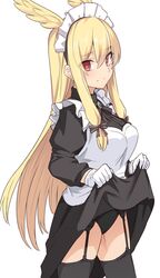  1girl alternate_costume apron black_dress black_legwear black_panties blonde_hair breasts dress dress_lift enmaided fate/grand_order fate_(series) garter_straps gloves hair_between_eyes hair_ribbon head_wings large_breasts lifted_by_self long_hair long_sleeves maid maid_apron maid_headdress panties red_eyes ribbon shiseki_hirame simple_background solo thigh-highs thrud_(fate/grand_order) underwear valkyrie_(fate/grand_order) white_apron white_background white_gloves 