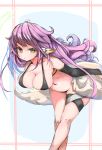  1girl artist_request bikini black_bikini breasts bridal_gauntlets cleavage commentary_request cross halo highres jibril_(no_game_no_life) large_breasts leaning_forward long_hair looking_at_viewer low_wings magic_circle multicolored_hair navel no_game_no_life pink_hair solo swimsuit symbol-shaped_pupils very_long_hair white_wings wing_ears wings yellow_eyes 