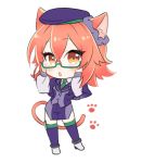  1girl adjusting_eyewear animal_ears atlas_academy_uniform beret blush cat_ears cat_tail fate/grand_order fate_(series) fujimaru_ritsuka_(female) glasses green-framed_eyewear hair_ornament hair_scrunchie hat kemonomimi_mode open_mouth orange_eyes orange_hair pencil_skirt purple_hat purple_legwear purple_scrunchie scrunchie shino-o shoes simple_background skirt solo tail thigh-highs white_background 