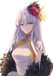  1girl absurdres azur_lane bangs china_dress chinese_clothes commentary dress english_commentary enterprise_(azur_lane) eyebrows_visible_through_hair eyes_visible_through_hair feather_boa flower hair_between_eyes hair_flower hair_ornament hair_over_one_eye highres long_hair looking_at_viewer sidelocks simple_background smile solo suprii violet_eyes white_background white_dress white_hair 