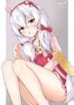  1girl :o animal_ears ass azur_lane bangs bare_legs bow collarbone dated fake_animal_ears feet_out_of_frame grey_background hair_between_eyes hair_bow hairband hand_up high-waist_skirt japanese_clothes knees_up laffey_(azur_lane) long_hair long_sleeves looking_at_viewer low_twintails miniskirt orange_eyes panties parted_lips pleated_skirt rabbit_ears red_bow red_skirt sash signature skirt solo thighs twintails twitter_username two-tone_background underwear unel white_background white_hair white_panties 