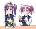  2girls absurdres bangs blush broccoli closed_eyes commentary_request eating eyebrows_visible_through_hair food forced_smile hair_ribbon heart highres kazuno_leah kazuno_sarah love_live! love_live!_sunshine!! mcdonald&#039;s multiple_girls pink_eyes plate product_placement purple_hair ribbon saint_snow school_uniform scrunchie shaka_(staito0515) siblings side_ponytail sidelocks sisters table translated twintails white_ribbon white_scrunchie 