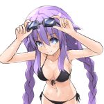  1girl bikini black_bikini blue_eyes braid breasts eyebrows_visible_through_hair front-tie_bikini front-tie_top goggles goggles_on_head hair_between_eyes himajin_(starmine) leaning_forward long_hair looking_at_viewer medium_breasts navel neptune_(series) power_symbol purple_hair purple_heart side-tie_bikini simple_background smile solo swimsuit symbol-shaped_pupils twin_braids very_long_hair wet white_background 