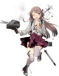  1girl boots brown_hair cannon cross-laced_footwear fujikawa grey_eyes grey_legwear hair_ribbon kantai_collection kazagumo_(kantai_collection) lace-up_boots long_hair machinery necktie official_art pantyhose ponytail ribbon shirt smokestack torn_clothes torpedo tsurime turret white_shirt 