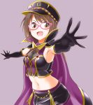  1girl :d black_gloves black_hat black_skirt breasts brown_eyes brown_hair cleavage cloak crop_top eva_16-gouki eyebrows_visible_through_hair glasses gloves grey_background hat idolmaster idolmaster_cinderella_girls kamijou_haruna looking_at_viewer medium_breasts midriff miniskirt navel open_mouth outstretched_arms pink-framed_eyewear short_hair sideboob simple_background skirt smile solo standing stomach 