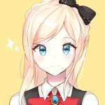  1girl bangs black_bow blonde_hair blue_eyes bow braid commentary_request dangan_ronpa dot_nose eyebrows_visible_through_hair face hair_bow jewelry long_hair looking_at_viewer lowres ponytail portrait red_bow red_neckwear shirt simple_background smile sonia_nevermind star super_dangan_ronpa_2 white_shirt yellow_background yuhi_(hssh_6) 