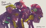  5boys blonde_hair bubble_blowing chewing_gum drizzler_(splatoon) fingerless_gloves flyfish_(splatoon) gloves jetpack male_focus mohawk multiple_boys personification pink_eyes pink_skin pointy_ears profile redhead salmonid scrapper_(splatoon) smallfry_(splatoon) splatoon splatoon_(series) splatoon_2 steel_eel steelhead_(splatoon) surgical_mask tongue tongue_out umbrella vest visor yellow_gloves yellow_sclera 