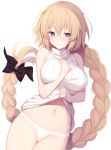  1girl bangs blonde_hair blush braid breasts closed_mouth clothes_lift eyebrows_visible_through_hair fate_(series) jeanne_d&#039;arc_(fate)_(all) lace lace-trimmed_panties large_breasts long_hair looking_at_viewer miko_92 multi-strapped_panties navel panties single_braid skindentation smile solo stomach sweater sweater_lift sweater_vest turtleneck turtleneck_sweater underwear very_long_hair violet_eyes white_panties white_sweater 
