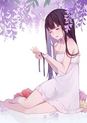  1girl absurdres black_hair blue_ribbon closed_eyes commentary_request crying dress flower highres holding holding_ribbon original purple_flower red_flower reflection ribbon simple_background sitting slyvia solo streaming_tears sundress tears white_background white_dress wisteria yellow_flower 