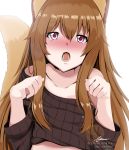  1girl animal_ears astraea_(atelierastraea) bare_shoulders blush brown_hair brown_sweater collarbone commentary_request eyebrows_visible_through_hair hair_between_eyes highres long_hair off_shoulder open_mouth paw_pose raphtalia saliva sweater tate_no_yuusha_no_nariagari 