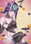  1girl :d absurdres bat black_legwear black_sleeves breasts chinese_clothes cleavage collarbone detached_sleeves dudou eyebrows_visible_through_hair fangs fate/grand_order fate_(series) hair_ornament heart heart_hair_ornament highres horns kamehito long_sleeves looking_at_viewer midriff navel open_mouth pumpkin purple_hair short_hair shuten_douji_(halloween_caster)_(fate) sitting small_breasts smile solo stomach thigh-highs tied_hair violet_eyes 