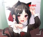  1girl animal_ears arm_up bangs black_dress black_hair black_hairband blurry blurry_background blush cat_ears cat_girl cat_tail collared_shirt curtains depth_of_field dress eyebrows_visible_through_hair fake_animal_ears fingernails folded_ponytail hair_ribbon hairband highres indoors jewelry kaguya-sama_wa_kokurasetai_~tensai-tachi_no_renai_zunousen~ kemonomimi_mode long_sleeves looking_at_viewer neck_ring open_mouth parted_bangs paw_pose recording red_eyes red_ribbon ribbon shinomiya_kaguya shirt sidelocks solo tail tail_raised the_cold upper_body viewfinder 